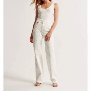 Abercrombie & Fitch High Rise Super Skinny Ankle White Embroidered Flower Size 2